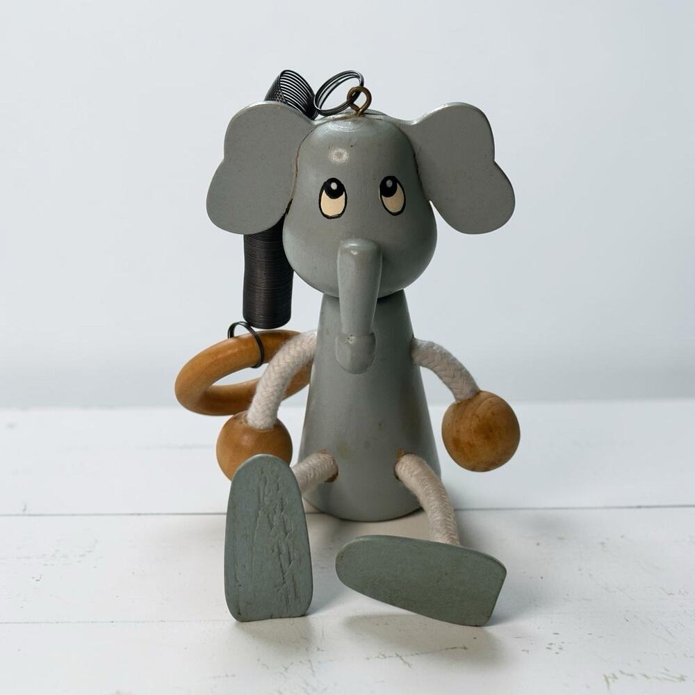 Vintage Sassafras Wooden Elephant Spring Toy 2003 Hanging Bouncy Nursery Decor
